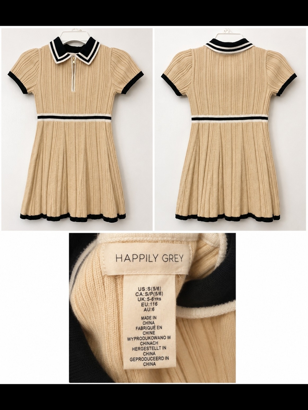 Happily Grey Girls' Cream Knit Polo Dress with Black Trim